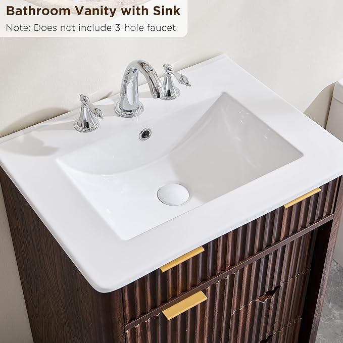 T4TREAM 24" Fluted Bathroom Vanity with Ceramic Sink Combo，Freestanding Small Modern Bathroom Storage Vanity Cabinet with Sliding Door & 3 Drawer，Wood Grain Texture，Metal Handle，Dark Walnut