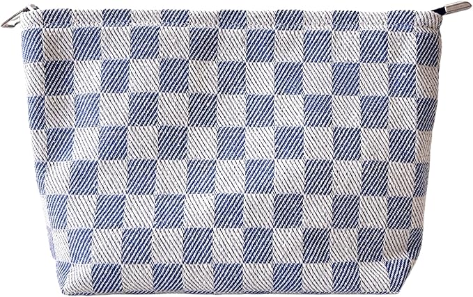 Blue Checkered Makeup Bag for Women, Canvas Cosmetic Bag with Zipper Lining, Travel Makeup Pouch for Purse, Travel Pouch for Toiletry, Cosmetic, Sunscreen, Hygiene, Skincare, SPF, Medicine, Sunblock