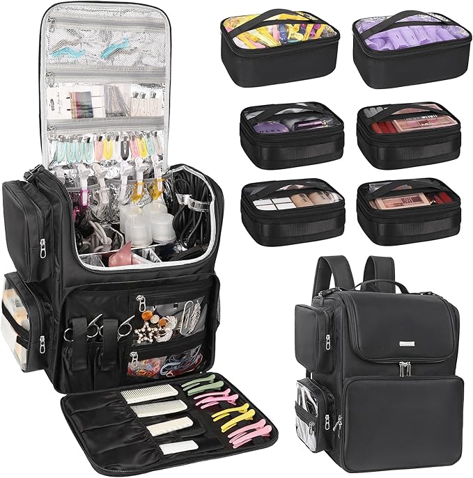 Relavel Hair Tools Travel Bag with 6 Pcs Clear Bags, Hair Stylist Backpack Hairdresser Cosmetology Bag, Heat Insulation Full Layer for Curling Iron, Hair Straightener, Travel Accessories Train Case