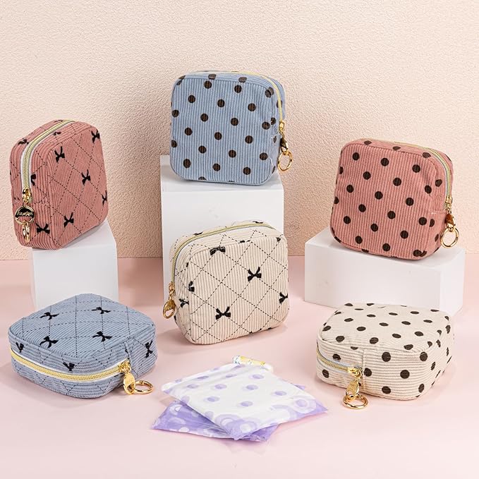 Period Bag for Teen Girls, Corduroy Cute Sanitary Napkin Storage Bag, Menstrual Pad Pouches Tampon Holder for Purse (Blue-Polka Dots)