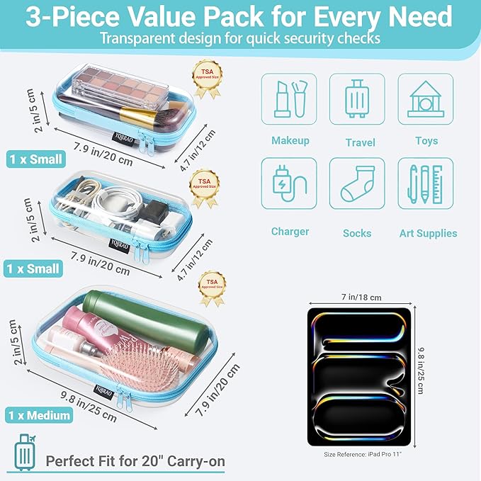 6 Pack Clear Hard Shell Zipper Case, Hard Plastic Organizer Pouches for Travel, Small Items, Makeup, Electronics & Art Supplies - Crush-Resistant & Waterproof Storage (Blue)