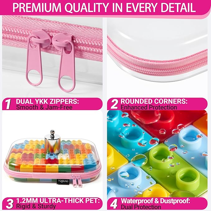 6 Pack Clear Hard Shell Zipper Case, See-Through Hard Plastic Organizer Pouches with Zipper for Travel, Toiletries, Makeup, Electronics & Pencils - Crush-Resistant Storage (Pink)