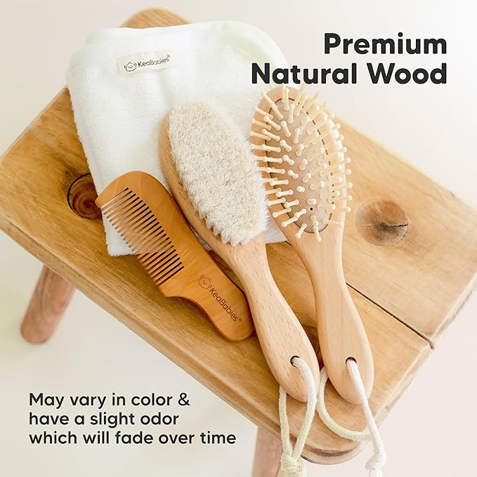 Wooden Baby Hair Brush - Cradle Cap Baby Brush with Soft Goat Bristles, Perfect Gentle Scalp Newborn Comb for Infant, Girls, Boys, Bath Essentials (Walnut, Regular)