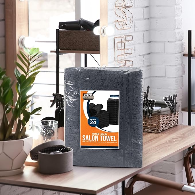 Utopia Towels Cotton Bleach Proof Salon Towel 16 by 27 inches, Bleach Safe Gym 100% Cotton Hand Towel, 12 Pack, Dark Grey