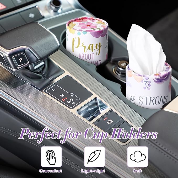 Outus 12 Pcs Floral Christian Car Tissues Cylinder Holder with 3 Ply Facial Tissue Bulk Inspirational Bible Verse Tissue Holder Flower Religious Travel Tissues Boxes Container for Car Cup Home Office