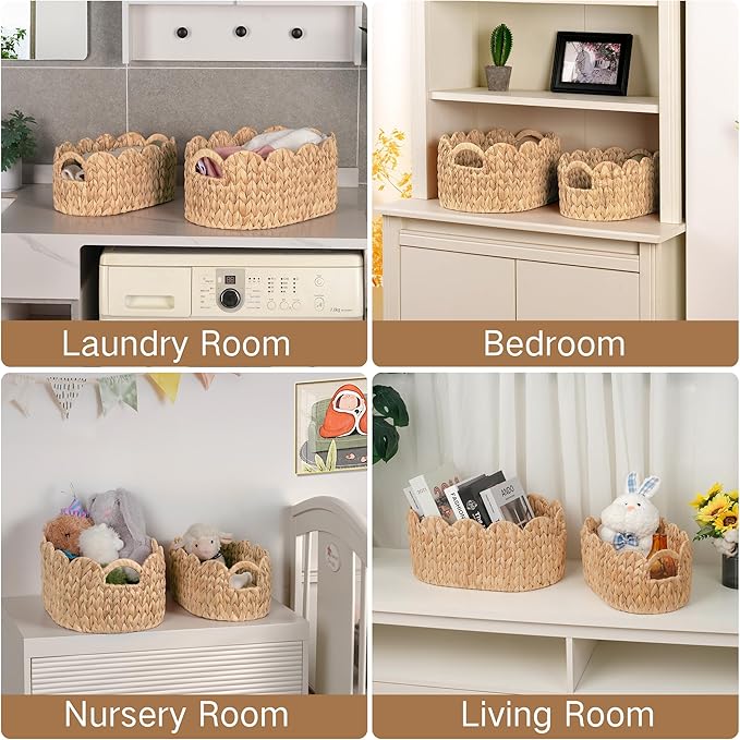 Scalloped Wicker Basket, Set of 2 Hand-Woven Natural Rattan Baskets with Built-in Handles, Water Hyacinth Storage Oval Cute Baby Baskets for Nursery, Organizing, Decor and Shelves