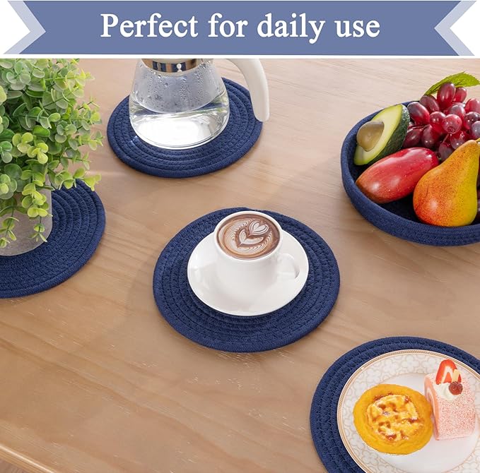 SHACOS 8 Inches Trivets for Hot Dishes, 4 Pieces Cotton Trivets Mats for Kitchen with Storage Basket, Hot Pads for Countertops and Table, Heat-Resistant Pot Holders for Hot Pots and Pans, Navy Blue