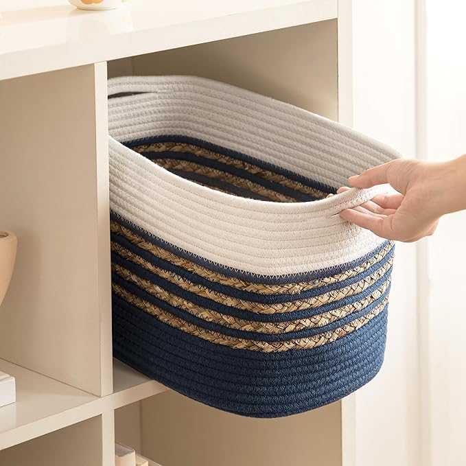 UBBCARE 2 Pack Baskets for Organizing, Woven Storage Baskets for Toys and Towel, Rectangle Cotton Rope Basket with Handles, 14''L x 8''W x9''H, Navy Blue