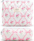2Pcs Quilted Cotton Makeup Bag Large Travel Makeup Pouch Small Brush Holder Set for Women Cute Floral Coquette Makeup Bag Aesthetic Cosmetic Bag Pink Bow Toiletry Organizer Storage Bag Zipper Pouch