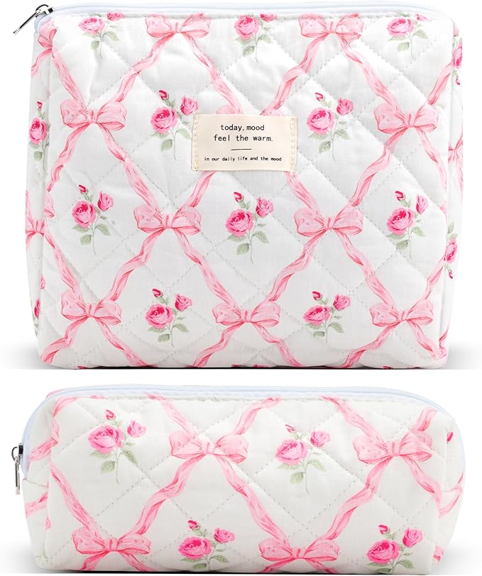 2Pcs Quilted Cotton Makeup Bag Large Travel Makeup Pouch Small Brush Holder Set for Women Cute Floral Coquette Makeup Bag Aesthetic Cosmetic Bag Pink Bow Toiletry Organizer Storage Bag Zipper Pouch