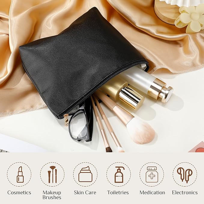 Kigeli PU Leather Makeup Bag for Women Gift Cosmetic Pouch for Purse Waterproof with PU Leather Travel Toiletry Organizer with Zipper for Women Bridesmaid Friend Gift(Black)