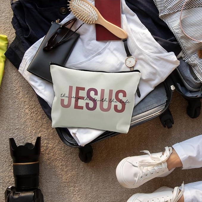 Christian Leather Makeup Bag, Jesus Cosmetic Bag, Christian Gifts for Women, Girls - Inspirational Bible Verse Bag (PU-Red)