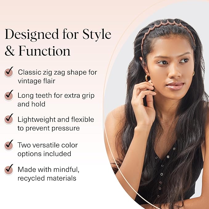 Kitsch Zig Zag Headbands for Women Non Slip – Fashion Accessories for Slicked Back Styles - Comfortable Comb Headband with Teeth | Ideal Gifts for Women - Neutral - 2 pcs