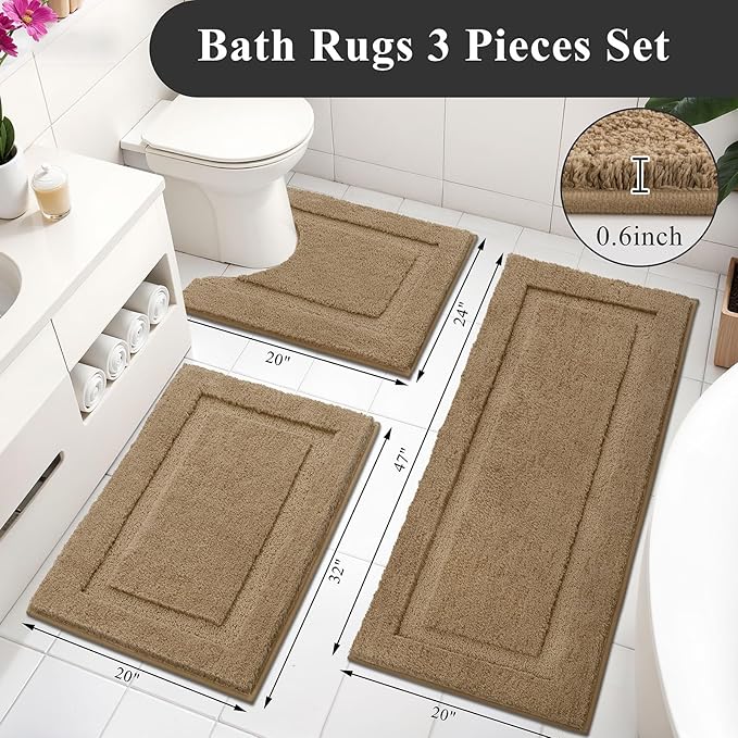 SHACOS Soft Fluffy Bathroom Runner Rugs Set of 3 Bath Mats with U Shape Toilet Rugs Non Slip Washable Bath Rugs Absorbent Bathroom Accessories Carpet for Shower Tub, Khaki