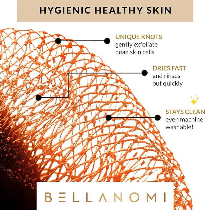 BELLANOMI African Exfoliating Net Sponge, Authentic, Ethically sourced from Nigeria, 45 inches Long, Back Scrubber for Daily use (Orange)