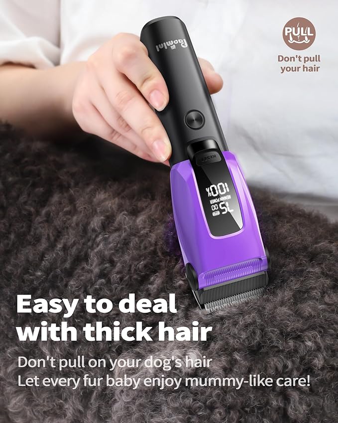 Dog & Cat Grooming Kit for Thick Coats, Heavy Duty Rechargeable Trimmer with LED Display & Storage Bag (Purple, 2 in 1)