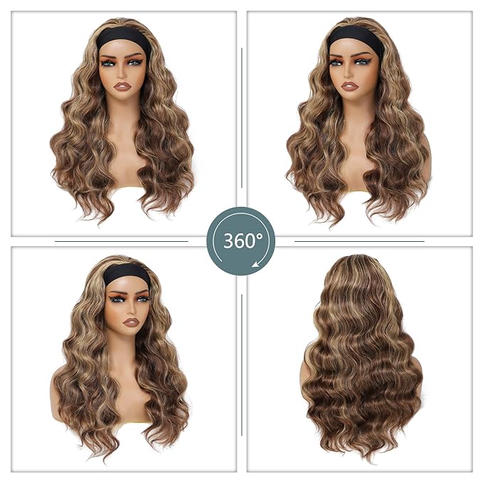 xccoco Glueless Headband Wigs for Black Women Brown Blonde Headband Wig Long Loose Curly Synthetic Wig 24inch 4/27 Highlight Honey Blonde Wig with Headband,200% Denisty