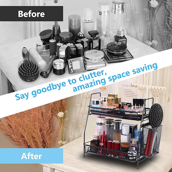 LEMIKKLE 2-Tier Bathroom Countertop Organizer,Skincare, Makeup Countertop Organizers, Kitchen, Bathroom Counter Storage with Small Basket (Black)
