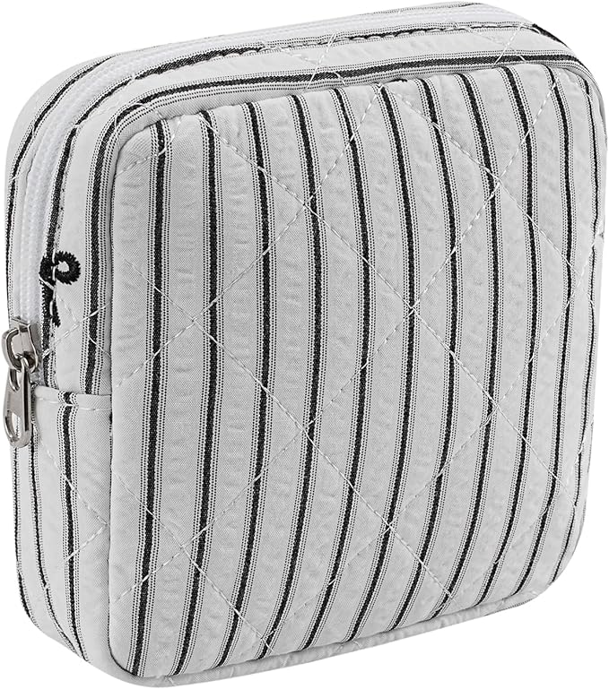 Small Quilted Striped Cosmetic Pouch for Purse, Mini Cotton Makeup Bag with Compartments, Cute Zipper Lipstick Holder for Women (24 Black Stripes)