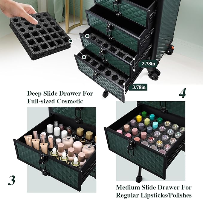 Nail Salon Cart with 4 Drawers,Rolling Makeup Train Case for Beauty,Cosmetology Case on Wheels Trolley Cart,Lockable Organizer Travel Case for Manicure/Face Painting/Hairstylist,DARK GREEN
