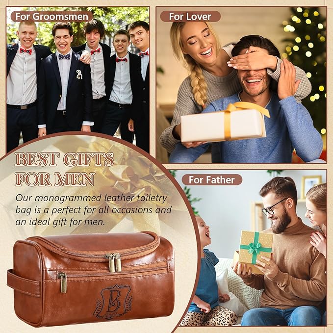 Sadnyy Personalized Leather Toiletry Bag for Men Initial Travel Bag with Hook Monogrammed Toiletry Pouch Leather Travel Bathroom Kit with Side Handle for Him Dad Husband Anniversary Birthday Gifts(B)