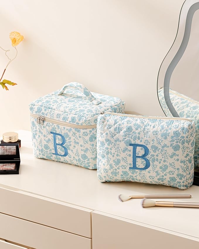 HBselect 2Pcs Initial Makeup Bag, Quilted Makeup Bag, Cotton Large Travel Makeup Bag, Cute Floral Coquette Make up Bag Cosmetic Bag Toiletry Bag for Women Girls B