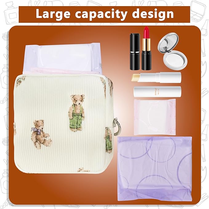 Period Bag for Girls, Corduroy Sanitary Napkin Storage Bag, Period Pouch & Tampon Holder, Feminine Care Organizer（Cute Bear）