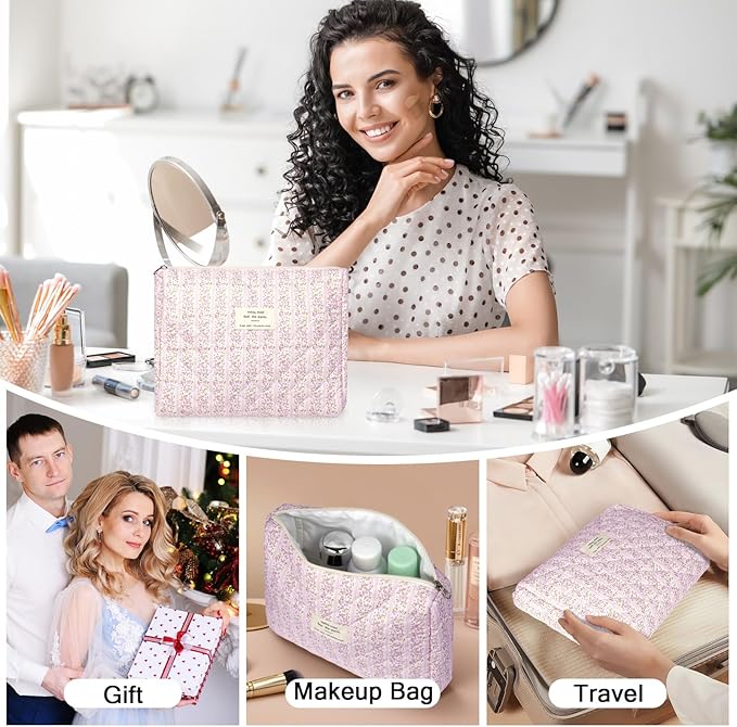 2PC Makeup Bag Set, Cute Cosmetic Bag for Women Girls, Floral Coquette Aesthetic Toiletry Bag, Travel Make Up Organizer Bag (White Pink Butterfly Flower)