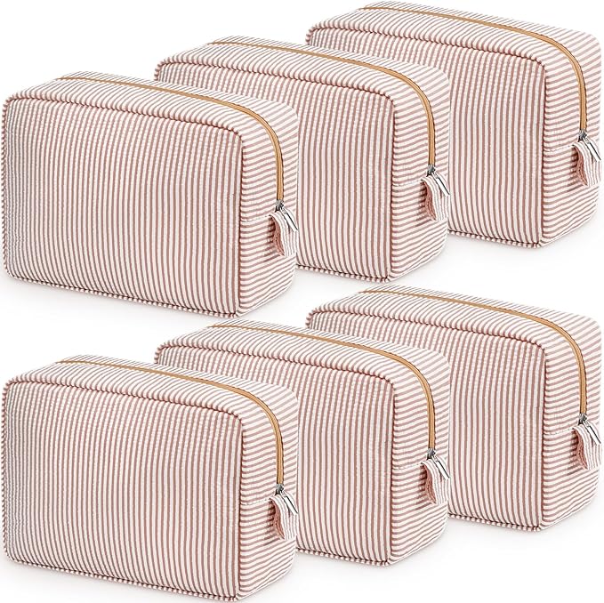 Sanwuta 6 Pcs Seersucker Cosmetic Bag Bulk Pinstripe Makeup Bag for Women Aesthetic Cute Travel Toiletry Organizer Preppy Storage Pouch for Wedding Bridesmaid Christmas Gift (Large, Khaki)