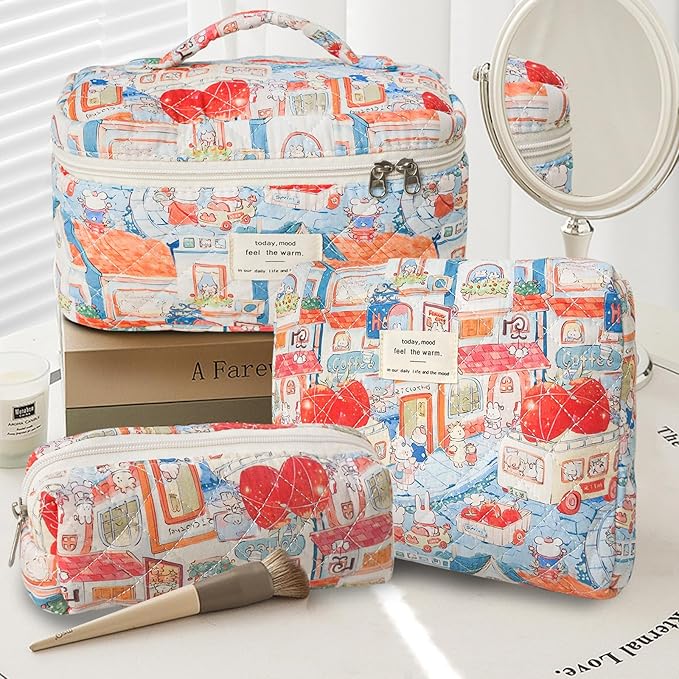 3Pcs Cotton Quilted Makeup Bag Large Travel Cosmetic Bag Coquette Makeup Pouch Cute Aesthetic Floral Toiletry Bag for Women Girls
