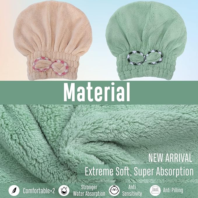 2Pcs Microfiber Hair Drying Cap,Hair Towel Cap,Fast Coral Velvet Hair Drying Towel with Bow-Knot,Quick Dry Fast Drying Hair Caps for Women,Soft Absorbent Cap for Wet Hair Long Thick Hair(Khaki+Green)