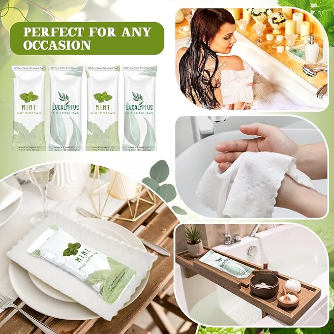 Timgle 50 Pcs Moist Towelettes Individually Wrapped Scented Disposable Face Towels Essential Oil Infused Moist Terry Cotton Towel for Use Hot or Cold Travel Body Spa(Mint, Eucalyptus Leaves)