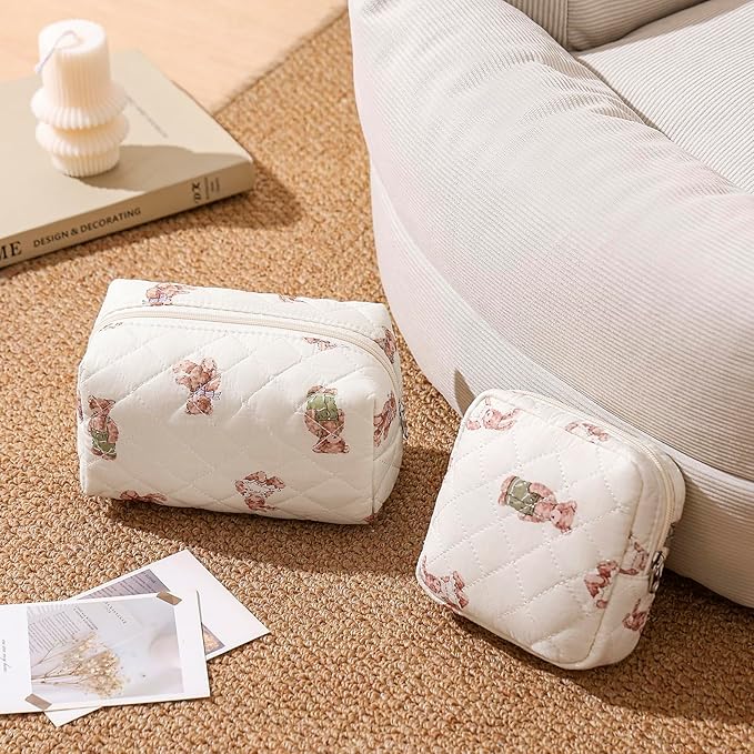 2 Pcs Quilted Cotton Makeup Bag Set, Small Aesthetic Cosmetic Bag with Bear Pattern, Cute Makeup Pouch for Purse, Kawaii Trendy Preppy Travel Toiletry Bag for Women and Girls(20 Bear Set)