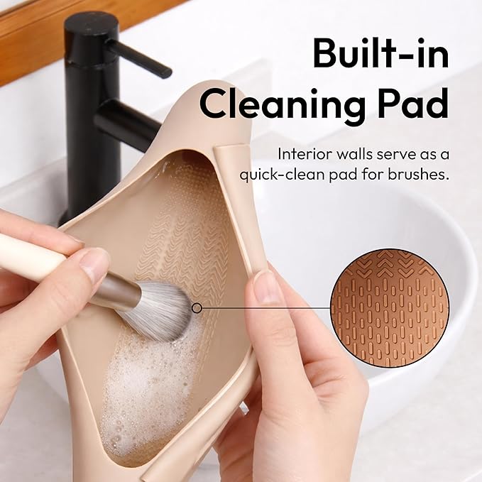 Éclat Silicone Makeup Brush Holder Travel, 3 in 1 Portable Bag With Anti-Fall Out Magnetic Closure & Cleaner Mat Case, Soft Cosmetic Tool Organizer Pouch Keeps Brushes Clean & Dust Free (Beige)