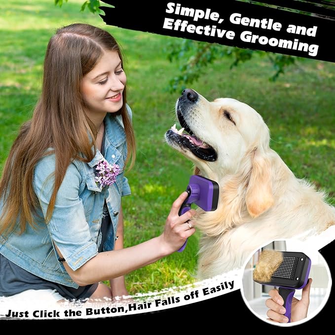 3PCS Self Cleaning Slicker Brush & Pet Grooming Rake & Flea Comb for Dogs,Cats and Horses | Double-Sided Dematting Comb & Skin Friendly Deshedding Grooming Tool | Premium Pet Supplies (Purple)