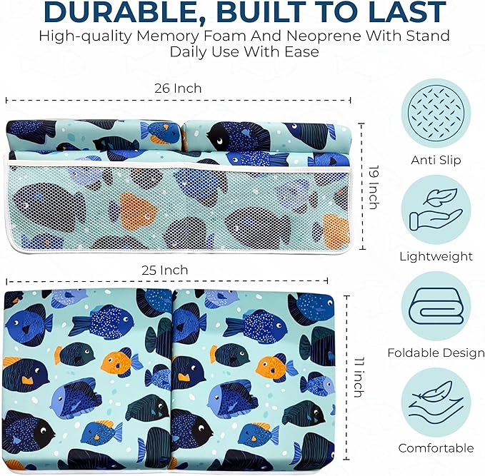 TubbieBuddies Bath Kneeler and Elbow Rest Pad Set – Fish-Themed Baby Bath Cushion with 4 Large Mesh Storage Pockets – Thick Non-Slip Foam, Suction Cups, & Foldable for Easy Storage