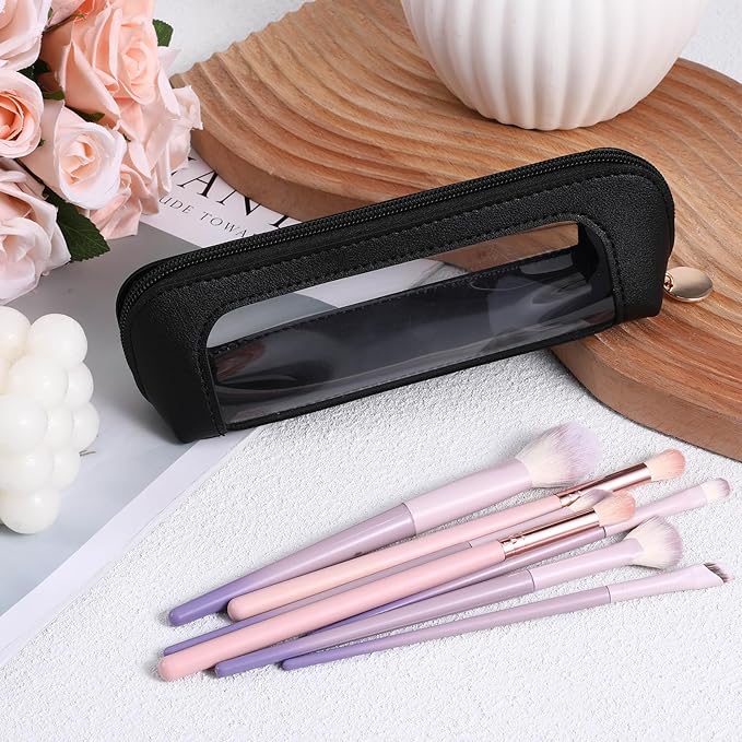 Clear Makeup Bag, PU Leather Mini Makeup Pouch Portable Makeup Brush Case Transparent Waterproof Cosmetic Organizer Pouch with Zipper for Women Home Travel Office Makeup Storage (Black)