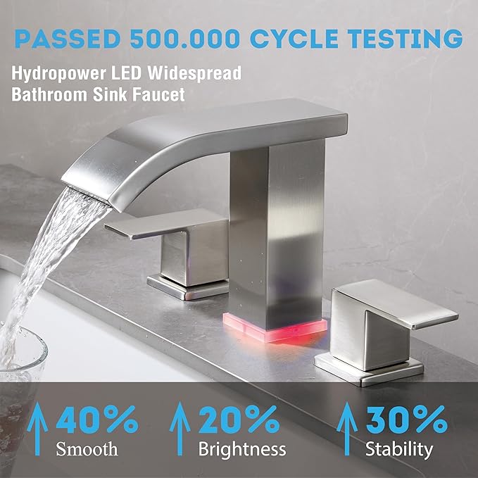 Bathroom faucets 3 Hole Brushed Nickel Vanity Faucet with led Waterfall Bathroom Faucet 3 Hole Sink Faucet Bathroom 8 inch Widespread Modern Parts Touch on 2 Handle