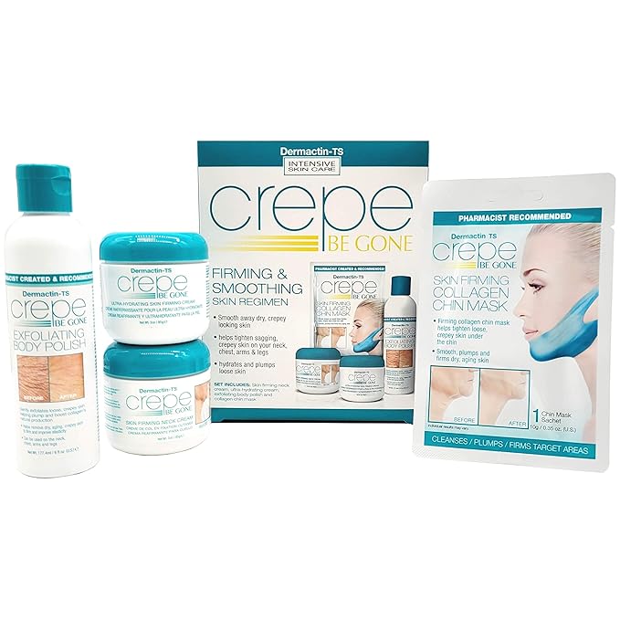 Dermactin Crepe Be Gone Firming & Smoothing Skin Regimen 4-PC Set - Includes Skin Firming Neck Cream, Hydrating Skin Firming Soufle, Exfoliating Body Polish & Collagen Chin Mask