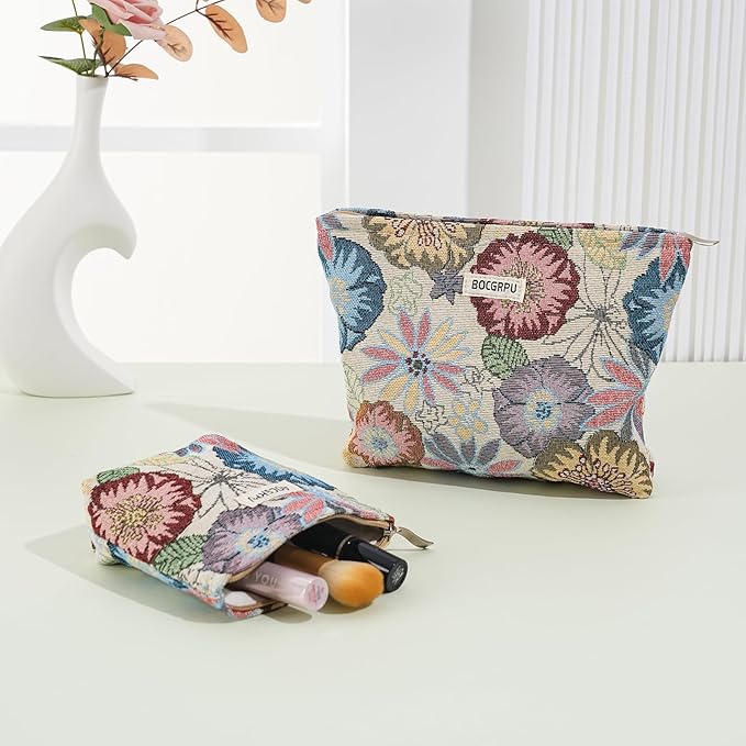 2 PCS Makeup Bag Set Cute Small Cosmetic Bag for Purse ，Large Toiletry Bag Makeup Organizer，Travel Pouch with Zipper for Women, (Flower Garden White)