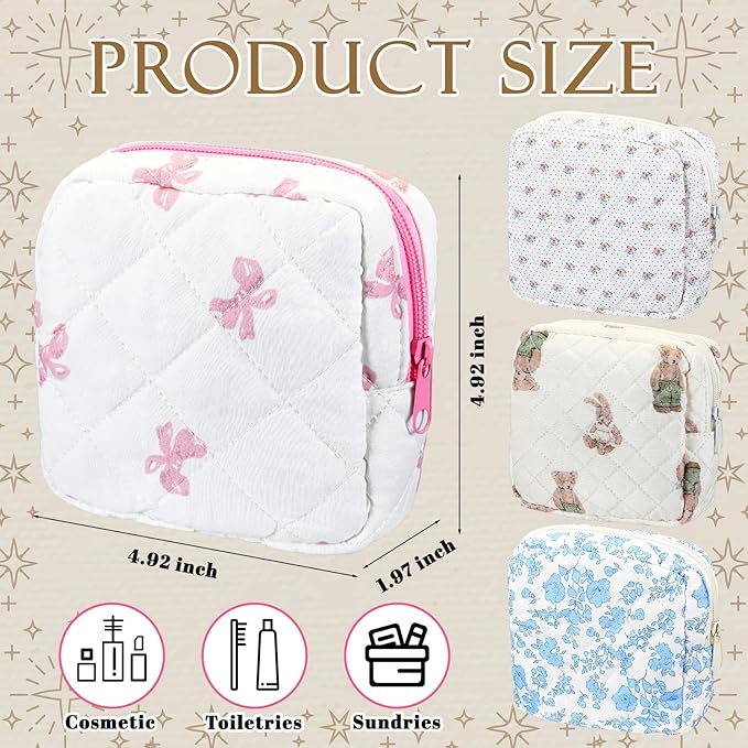 Weewooday 4 Pcs Small Quilted Makeup Bag Travel Cosmetic Makeup Bags Organizer Sanitary Napkin Storage Bag Floral Cotton Coquette Aesthetic Toiletry Bags for Women Girls(5x5x2inch,Novel)