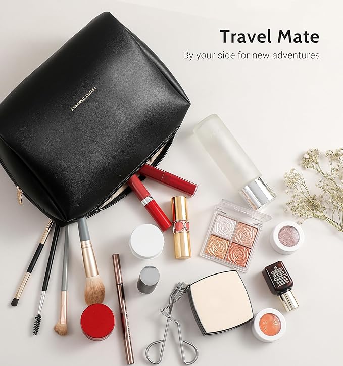 Aveniee Travel Makeup Bag, Large Toiletry Bag for Women, Vegan Leather Travel Pouches Case, Make Up Bag for Travel Essentials Brushes, Cosmetic Bag Purse Organizer with Divider and Gold Zippers-Black