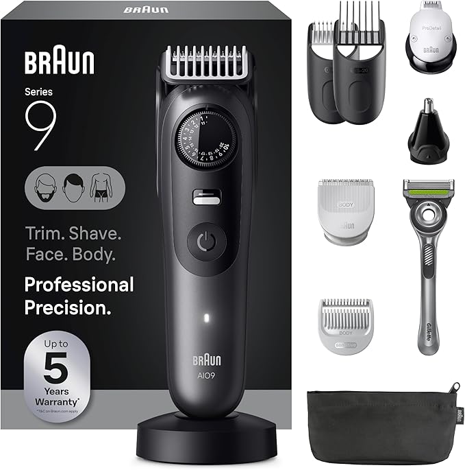 Braun Series 9 All-in-One Beard & Body Grooming Kit for Men, Cordless Trimmer, Hair Clippers & Shaver for Face, Hair & Body with Gillette Labs Razor, AIO 9535