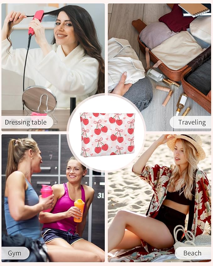 Cute Red Plaid Cherry Bow Knot Makeup Pouch for Women Small Make Up Check Cherries Bows Bag for Purse Zipper Initial Makeup Cosmetic Bags Pouches for Purse Aesthetic Travel Toiletry Bags