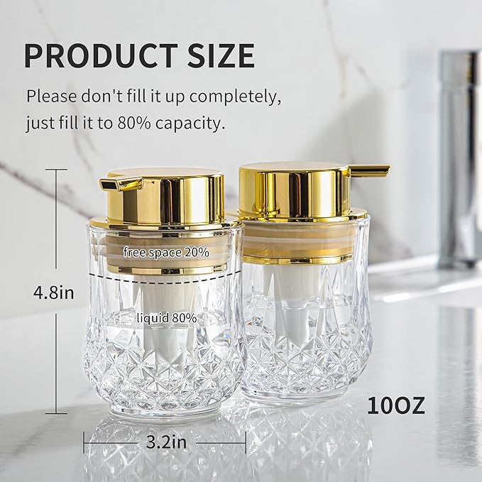 Glass Foam Soap Dispenser Set - 2 Pack Bathroom Hand Soap Dispensers,Refillable Dish Soap Dispenser for Gold Pump,Modern Home Soap Dispenser for Bathroom,Kitchen (Clear/Gold Poam Pump/2Pack)
