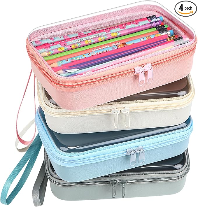 4 Pcs Hard Clear Zipper Case Hard Shell Plastic Pencil Case Large Transparent Pencil Box Portable Travel Organizer Toy Storage Bins for Home Office Cosmetics(Beige, Orange, Dark Blue, Green)