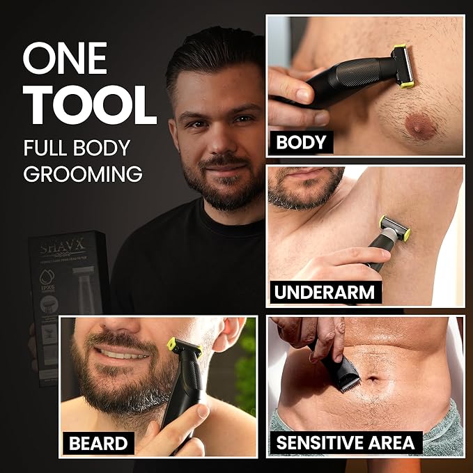 Electric Body Hair Trimmer & Beard Shaver for Men – Pubic & Groin Hair Ball Groomer – Skin-Safe for Sensitive Areas, Chest & Legs – Dual Blade Wet/Dry IPX6 Waterproof, Rechargeable with 3 Guide Combs