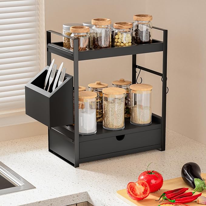 Kottwca Bathroom Counter Organizer with Drawer, 2-Tier Wood Countertop Organizer for Storage, Vanity Skincare Organizers, Bathroom Sink Shelf for Organization (Black)