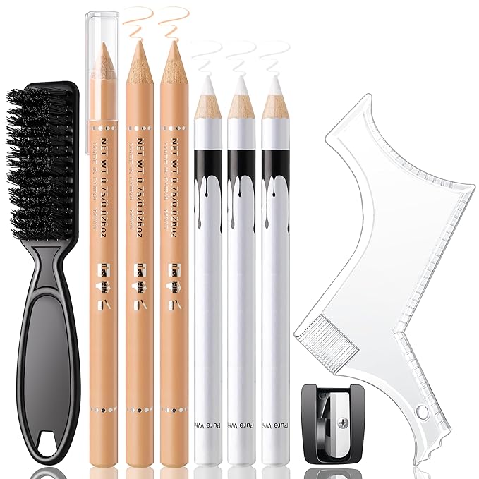 Noerrors Barber Pencil for Lineup White Beige Skin Tone Magic Hairline Pencils Barber Chalk Set Beard Guide Pen with Sharpener Ruler Brush for Hair Design Shaping Trace Grooming Makeup Tool for Men