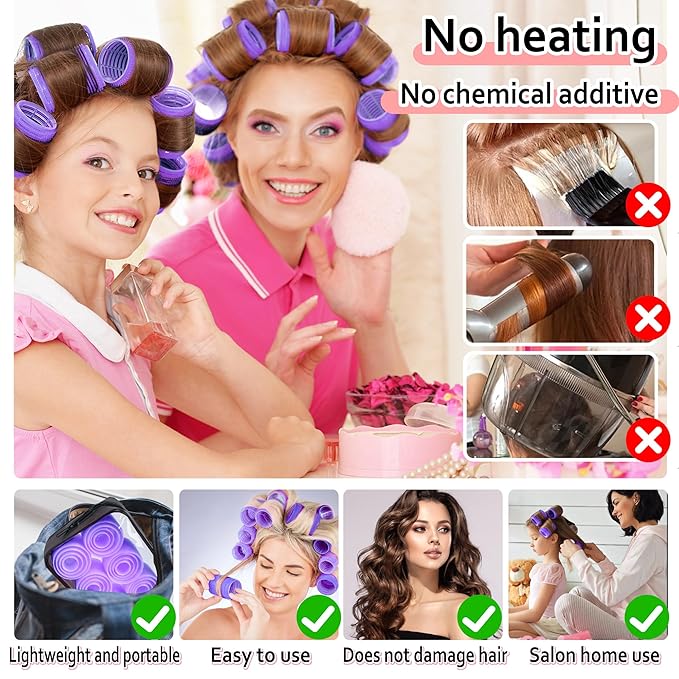 4 Sizes Self-Grip Hair Rollers Set with Clips - 4 Sizes for Long, Short Hair & Bangs (25mm, 36mm, 48mm, 60mm),(Purple, 4 Sizes)